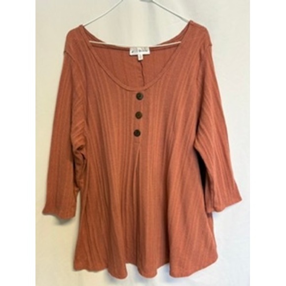 Star Vixen Tops - Star Vixen Women 3X Rust Ribbed Henley Top 3/4 Sleeve Scoop Neck Terracotta Plus